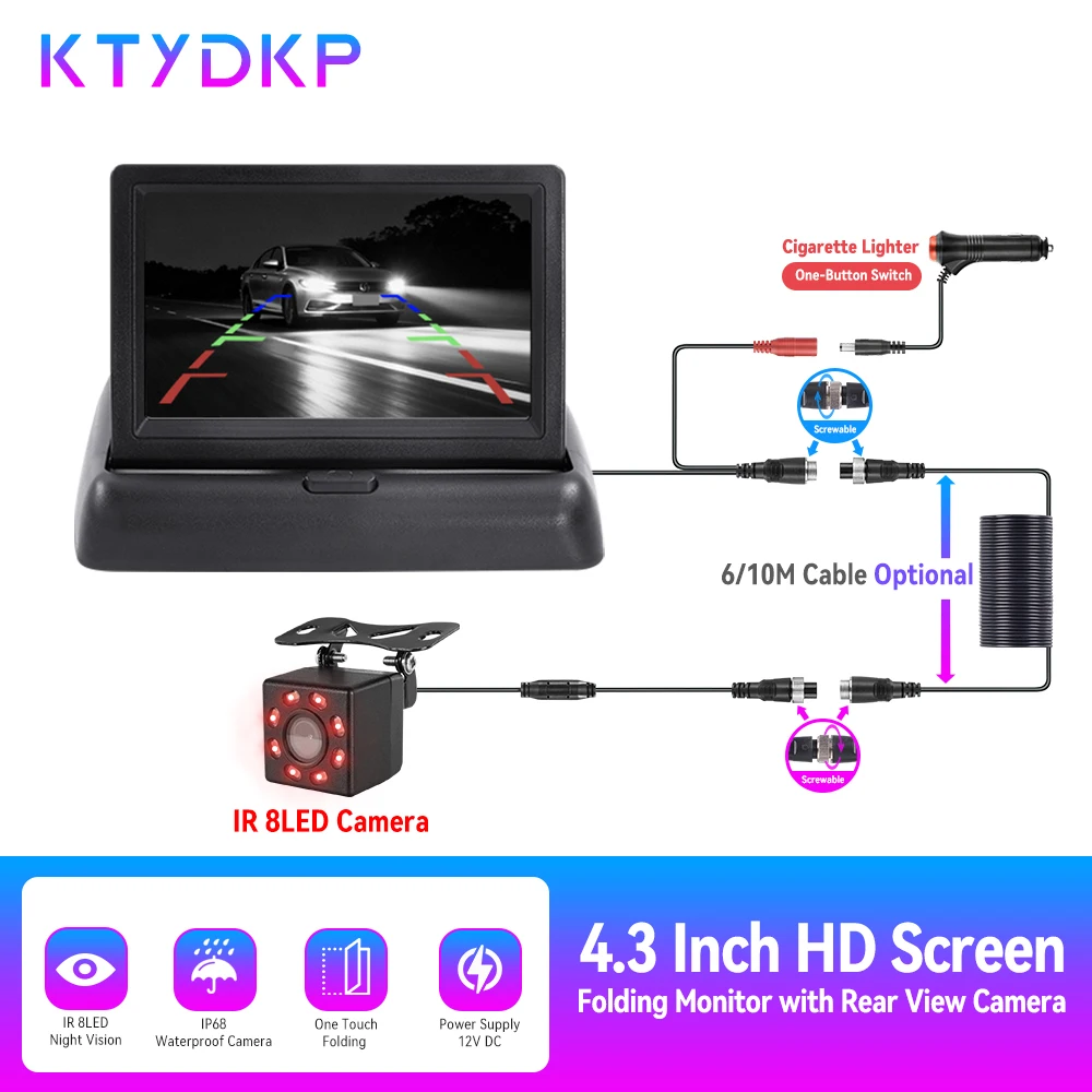 KTYDKP 4,3-TFT-LCD-HD-Bildschirm, zusammenklappbarer Auto-Monitor mit Rückfahrkamera, 8-LED-Backup für das Parken von Fahrzeugen, einfache Installation