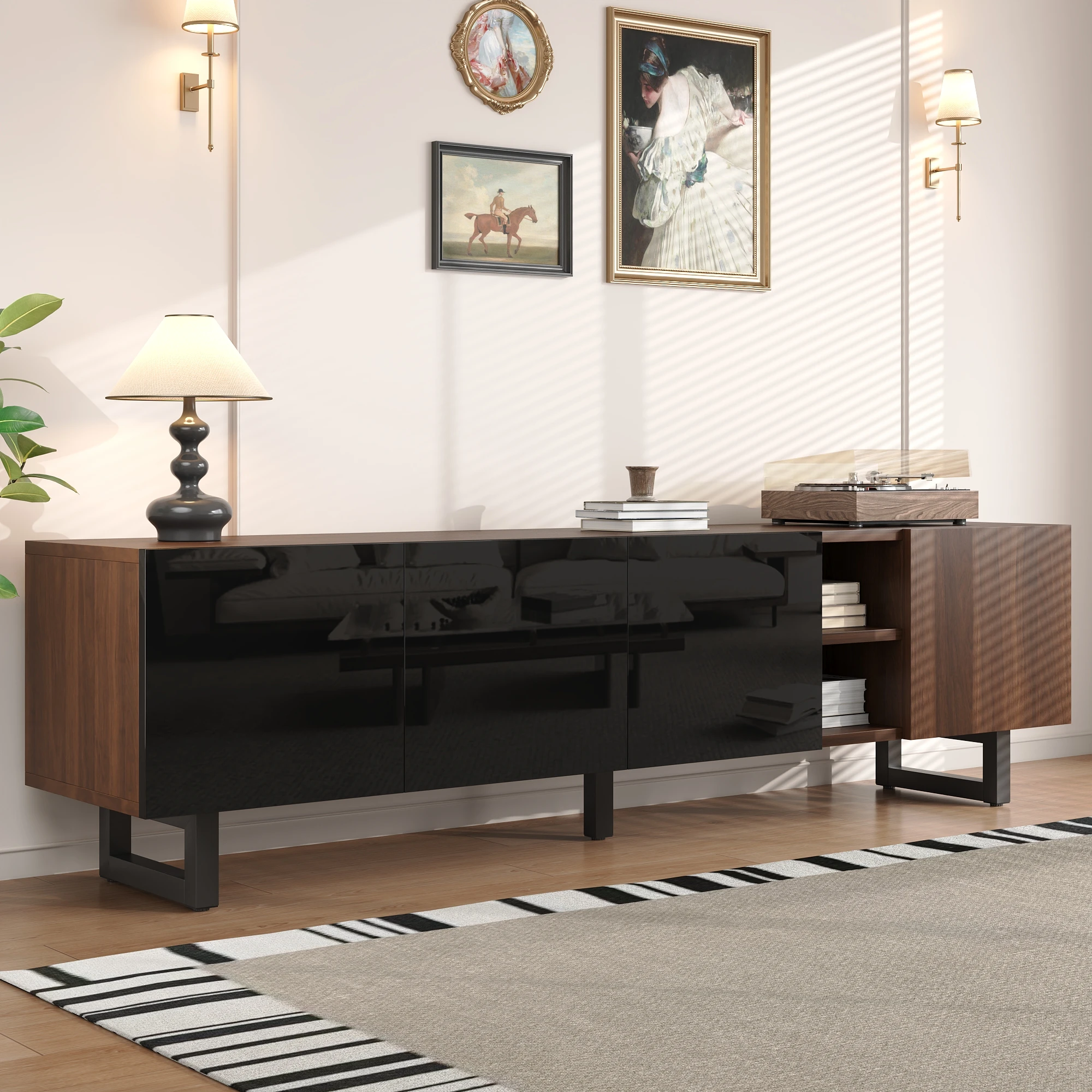 Meuble TV à quatre portes, meuble TV, panneau TV, meuble TV bas. Conception unique, grain de bois vintage. 180 x 38 x 50 cm