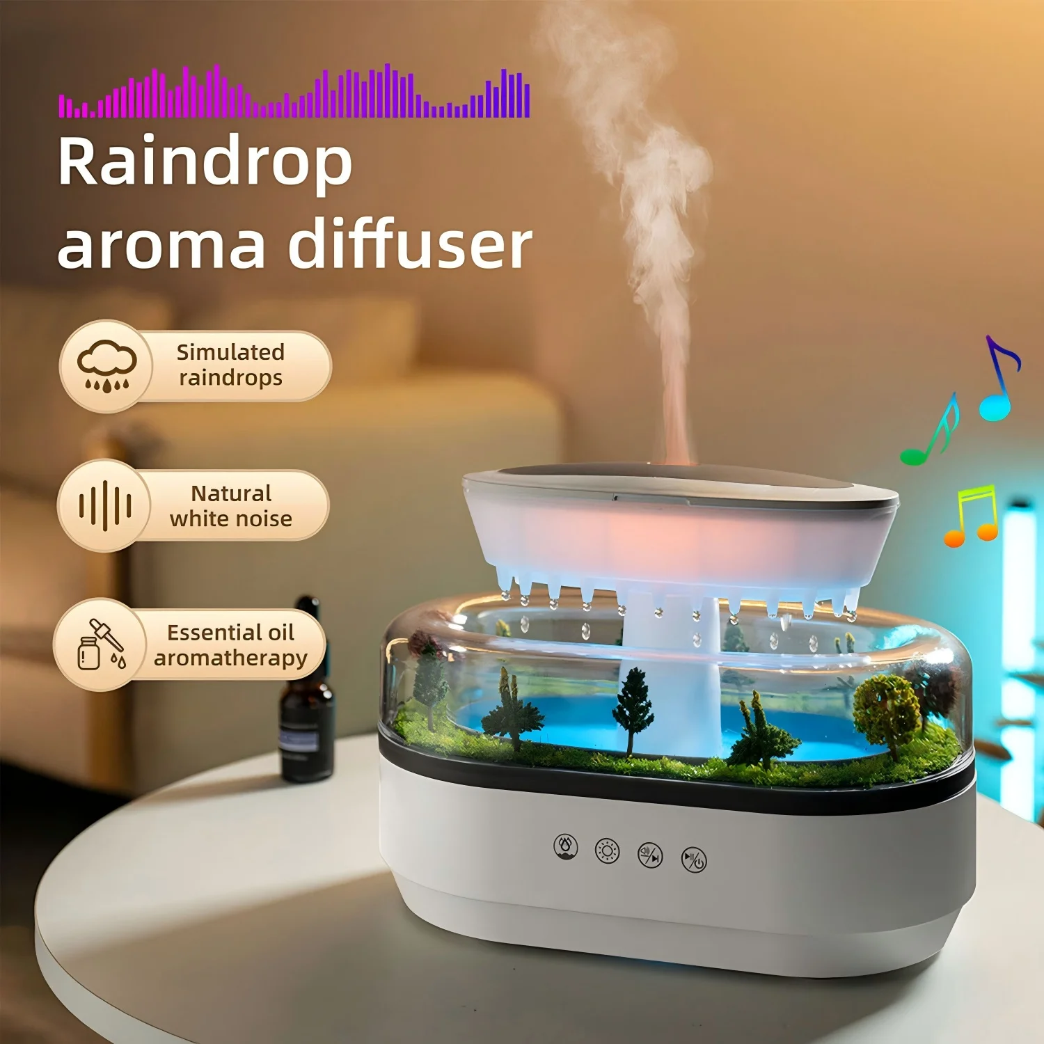  250 ml Microlandscape Ultraschall-Aroma-Luftbefeuchter, Regentropfen-Diffusor für ätherische Öle, bunter Licht-Aromatherapie-Diffusor für Zuhause Image
