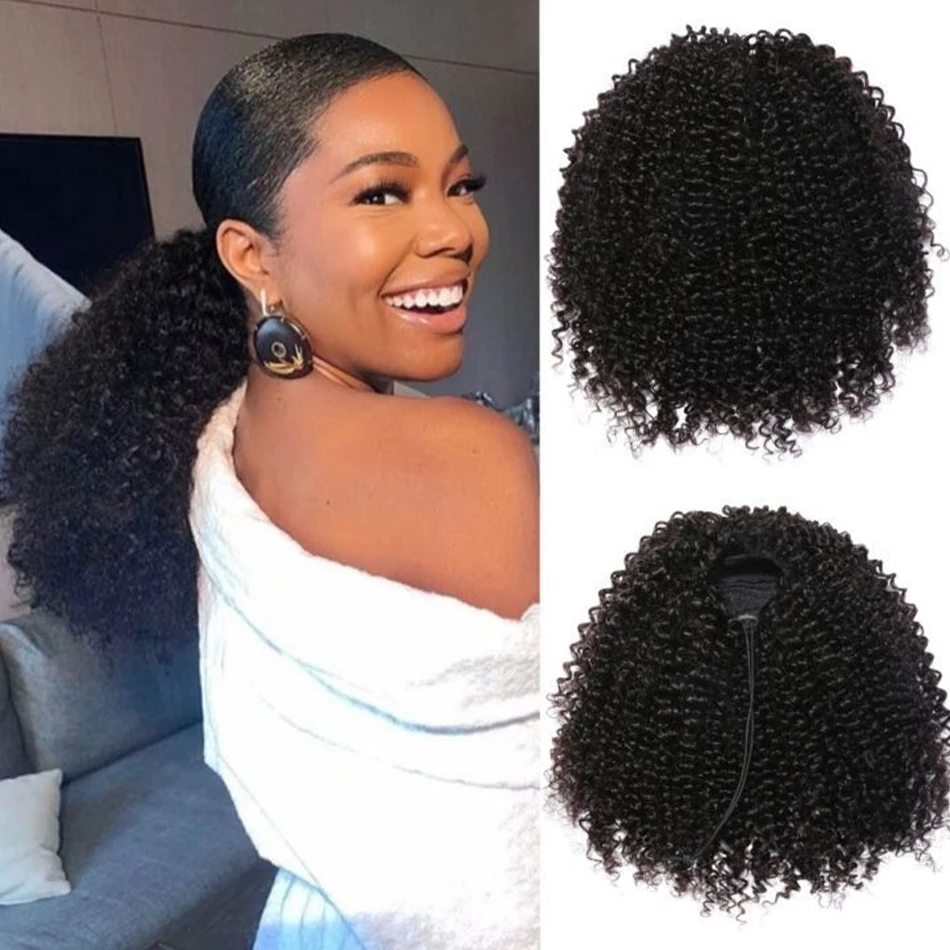 Mongolischer Echthaar-Pferdeschwanz, Afro-verworren, lockig, für Frauen, natürliche Farbe, Remy-Haar, 1-teilig, Clip-in-Kordelzug, 4B, 4C-Pferdeschwänze Image