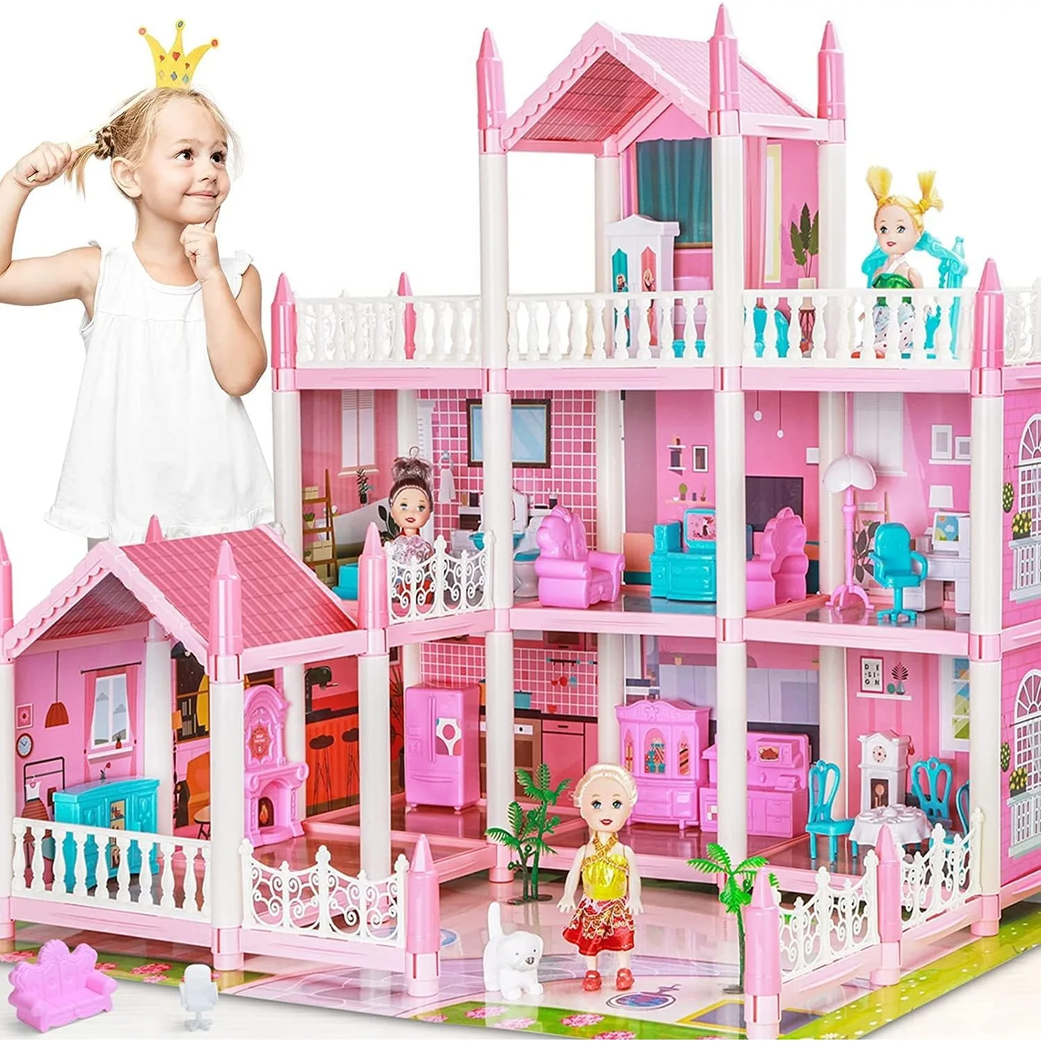 Maison de poupée pour filles avec lumières, chambres, figurines de chiots, accessoires de meubles, maison de poupée princesse pour tout-petits, cadeau de maison de jeu