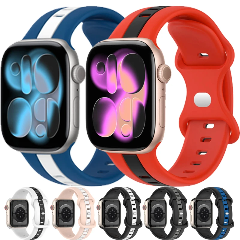 Zweifarbiges weiches Silikonarmband für Apple Watch Ultra 3/2 Band 49/45//41/44/42/46 mm Atmungsaktives Armband iWatch 11 10 9 8 7 6 5 SE Image