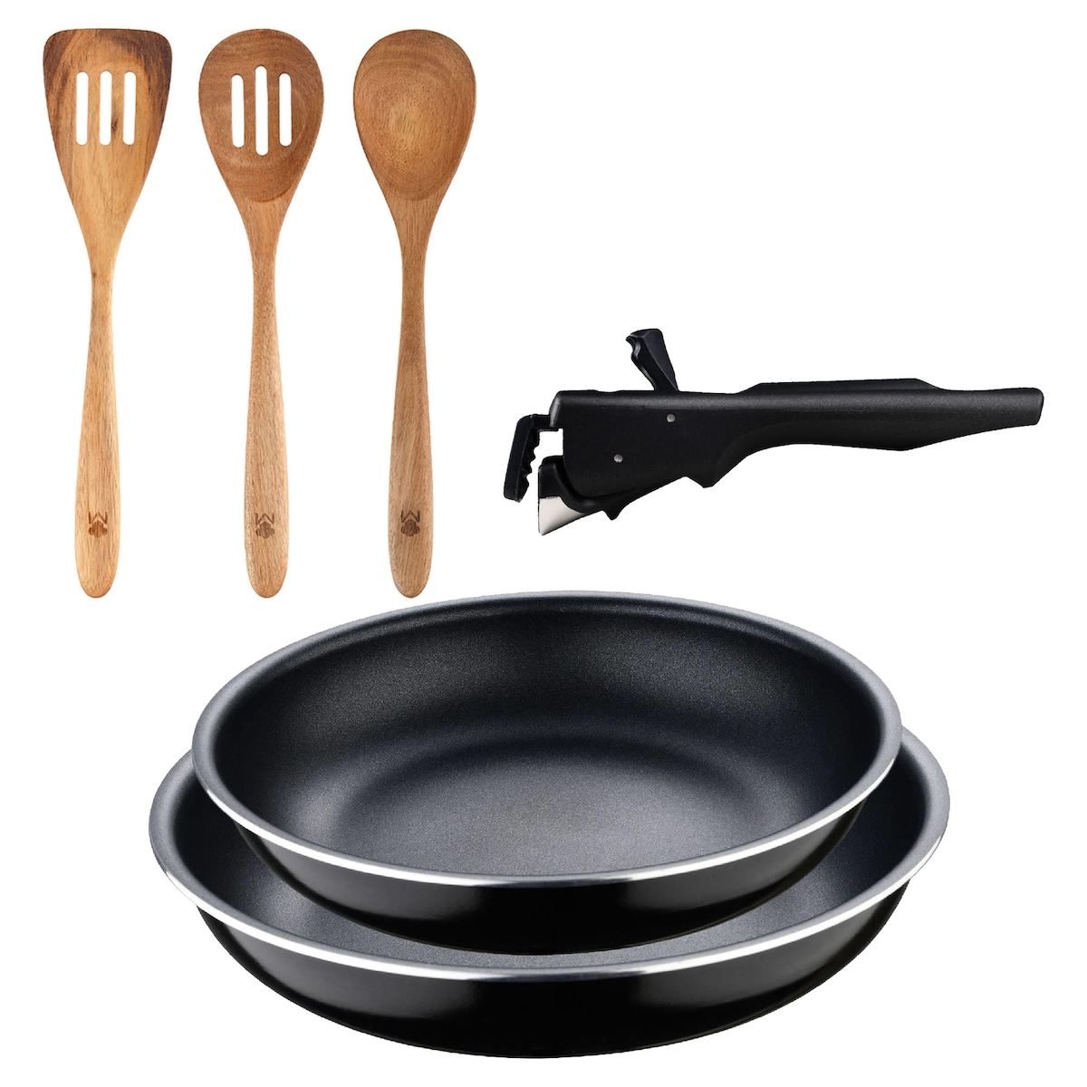 BERGNER - Set aus 2 Pfannen 22cm und 26cm gepresstes Aluminium mit abnehmbarem Griff mit Set aus 3 Küchenutensilien aus Akazienholz Image