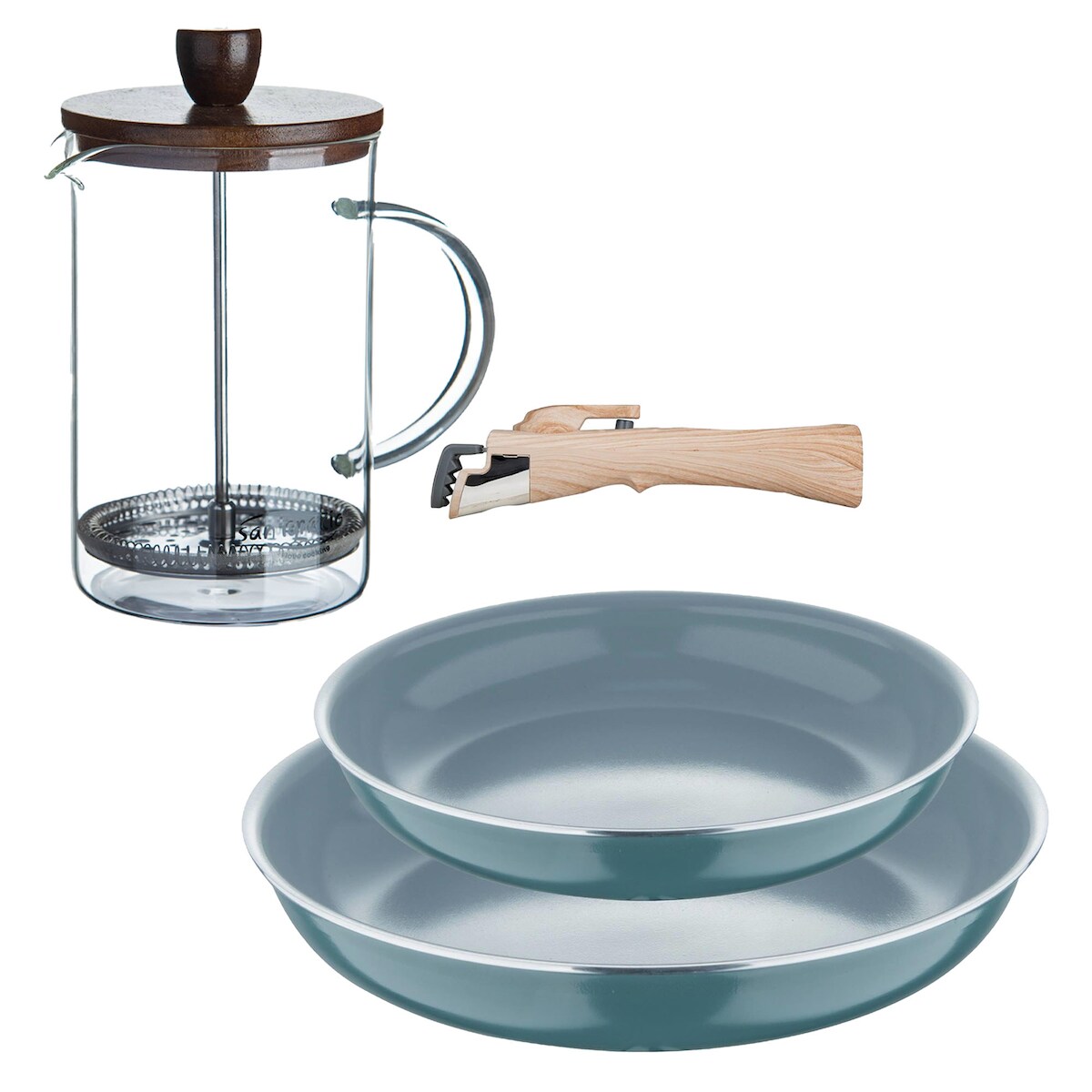 BERGNER - Set 2 Pfannen 22/26cm gepresstes Aluminium Grün geeignet für Induktion mit abnehmbarem Griff mit French Press Kaffeebereiter Borosilikatglas Image