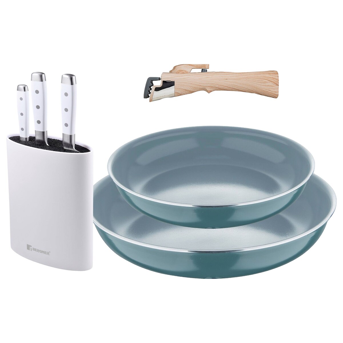 BERGNER - Set aus 2 Pfannen Ø24/28 cm aus recyceltem gepresstem Aluminium Grün mit abnehmbarem Griff mit Set aus 3 Edelstahlmessern mit Tacoma Image