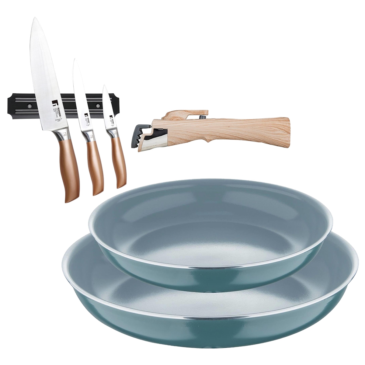 BERGNER - Set 2 Pfannen Ø22/26cm gepresstes Aluminium Grün geeignet für Induktion mit abnehmbarem Griff mit Set 3 Edelstahlmessern mit magnetischer Image