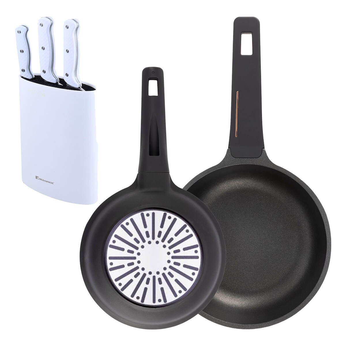 BERGNER - Pfannen Ø20/24cm aus Gusseisen geeignet für Induktion mit Set aus 3 Messern mit Tacoma Edelstahl Image