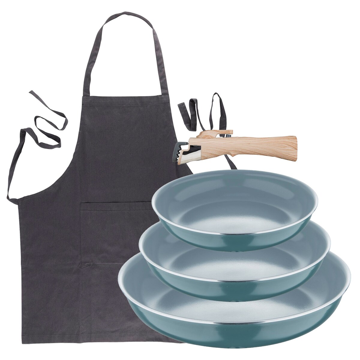 BERGNER - Set aus 3 Pfannen Ø18/20/24 cm recyceltes gepresstes Aluminium Grün mit abnehmbarem Griff mit Kochschürze Dunkelgrau 100% Baumwolle 75x80 cm Image