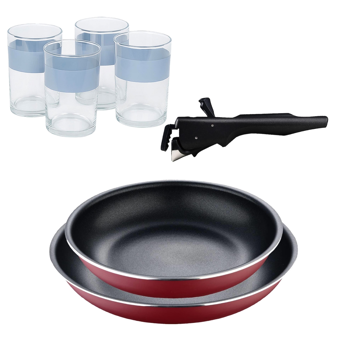 BERGNER - Set aus 2 Pfannen Ø22/26 cm gepresstes Aluminium Rot mit abnehmbarem Griff mit Set aus 4 Gläsern 0,5 L Image