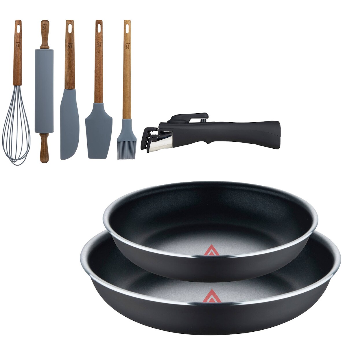 BERGNER - Set aus 2 Pfannen Ø22/26 cm gepresstes Aluminium Schwarz mit abnehmbarem Griff mit Set aus 5 Küchenutensilien aus Silikon und Akazienholz Image