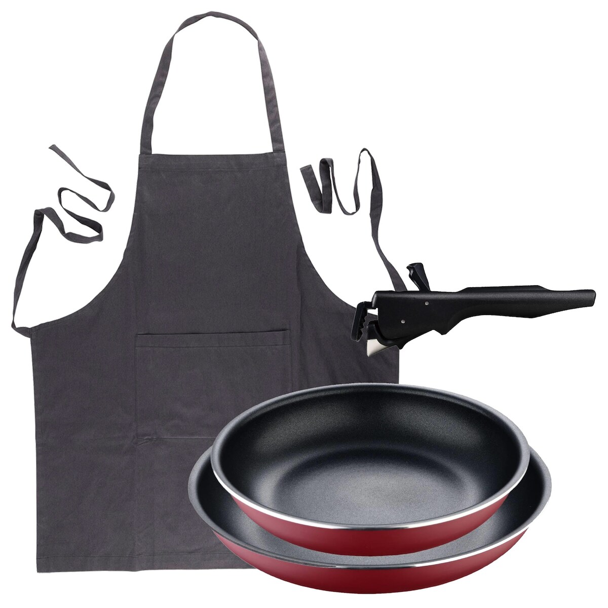 BERGNER - Set aus 2 Pfannen Ø22/26 cm gepresstes Aluminium Rot mit abnehmbarem Griff mit Kochschürze Dunkelgrau 100% Baumwolle 75x80 cm Image