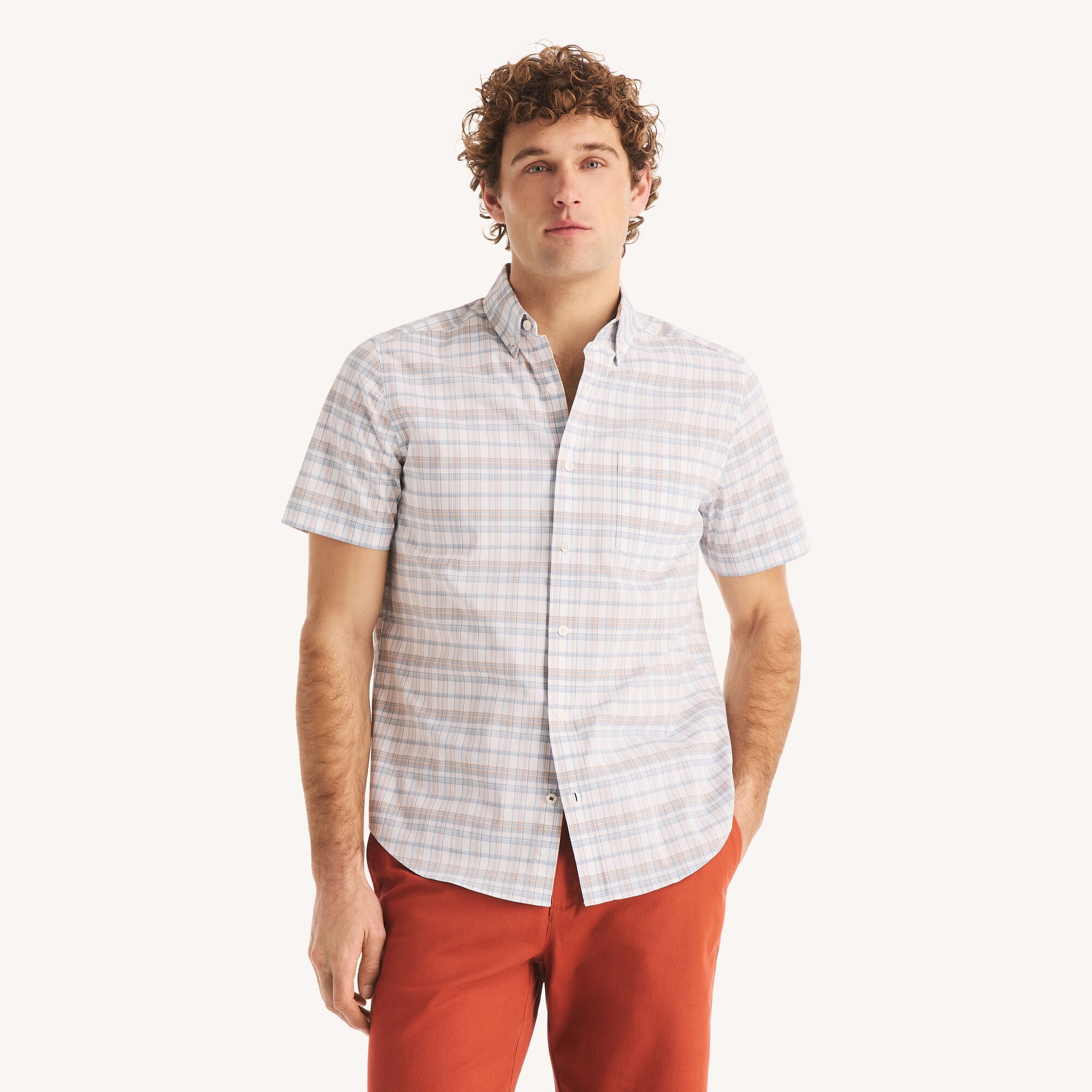 Nautica Men's Classic Fit Plaid Short-Sleeve Shirt 101 (Bright White), L
