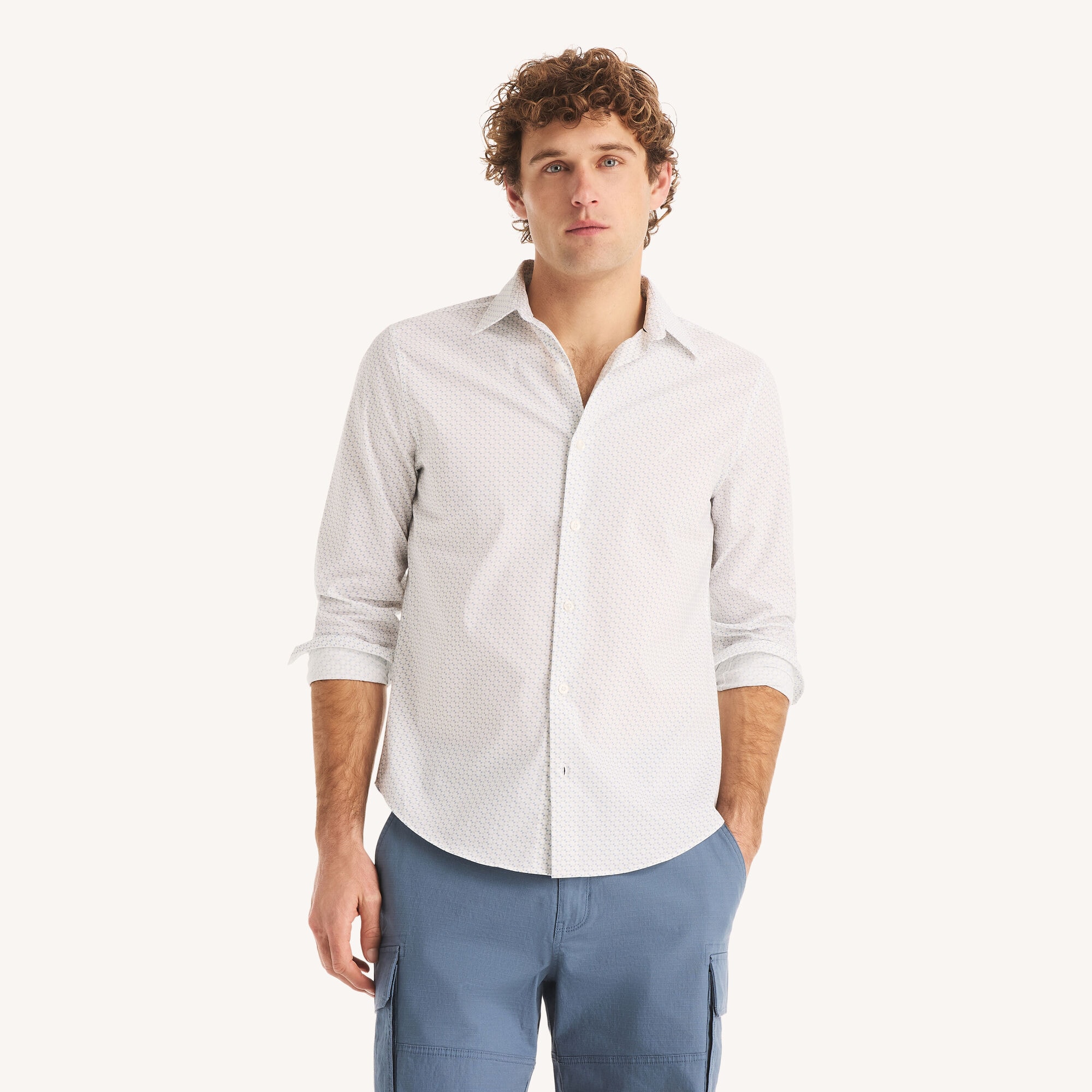 Nautica Men's Classic Fit Wrinkle-Resistant Printed Shirt 101 (Bright White), XS