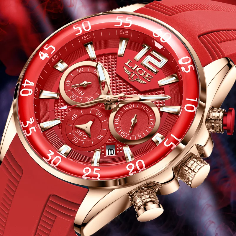 Lige silikon sport herren uhren wasserdichte quarz armbanduhren chronograph datum männliche uhr mode uhr für männer montre homme Image