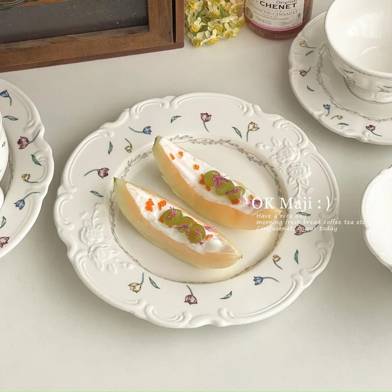 French Lace Plate, Vegetable Plate, Household Bowl Plate Set, Ceramic Western Pasta Plate, Salad Plate, High-Value Dessert Plate