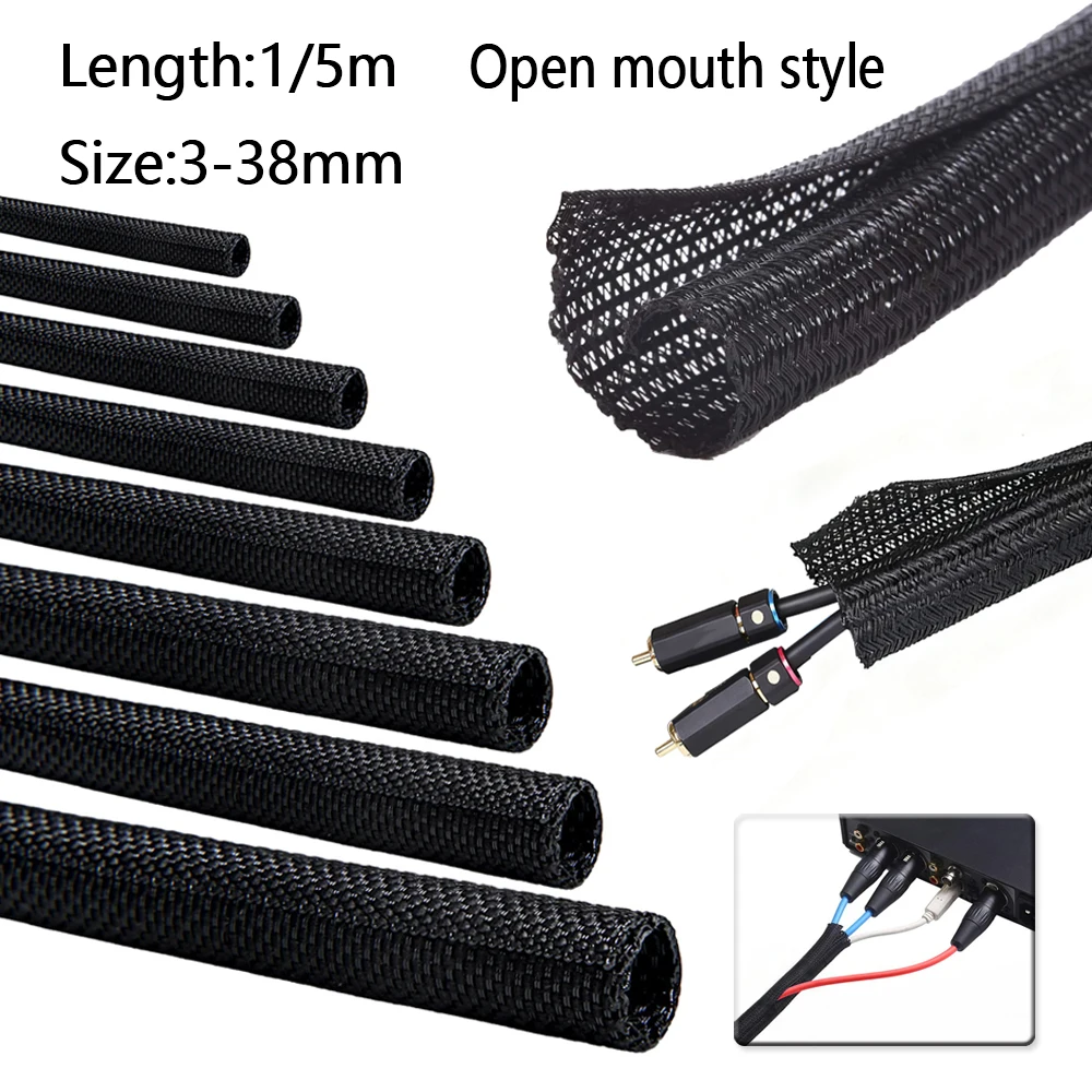 1/2/4 Stück 1 m/5 m geflochtene Kabelhülse, Kabelgehäuse, Kabelhülsen, Draht für Schreibtisch, PC, TV, Drahtschutz, Kabelwickelabdeckung Image