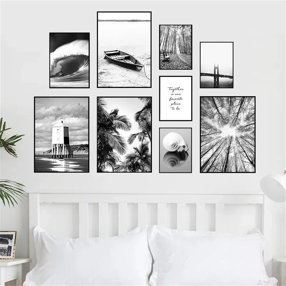 Schwarz Und Weiß Poster Brücke Boot Palme Leinwand Druck Bilder Conch Wand Kunst Meer Welle Poster Nordic Bild Schlafzimmer Dekor