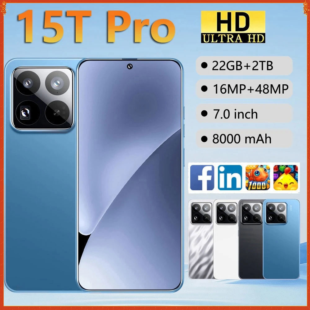 New 15T Pro Smartphone 5G 7.0HD 22G+2TB Dual SIM Card Cell Phone Android 15 8000mAh Unlocked Mobile Phones Global Version