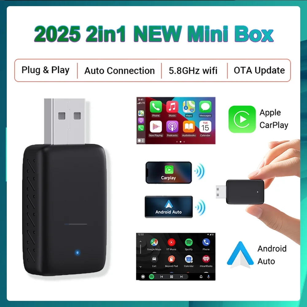 2025 NEUE Mini 2in1 Wireless CarPlay & Android Auto Wireless Adapter Mini Box BT WiFi Schnelle Verbindung Plug & Play für Wired CarPlay Auto Image