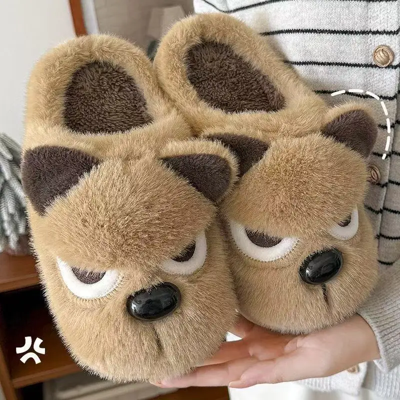 Angry Cartoon Hund Hausschuhe Damen Plüsch Fleece Gefüttert Hausschuhe Winter Warme Baumwolle Hausschuhe Postpartale Schuhe