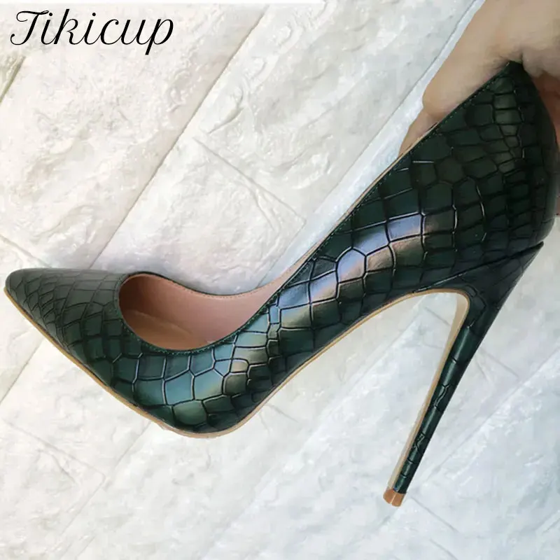 Tikicup Dark Green Croc-Effect Embossed Pattern Women Pointed Toe High Heel Sexy Stilettos Pumps Evening Parties Office Elegance