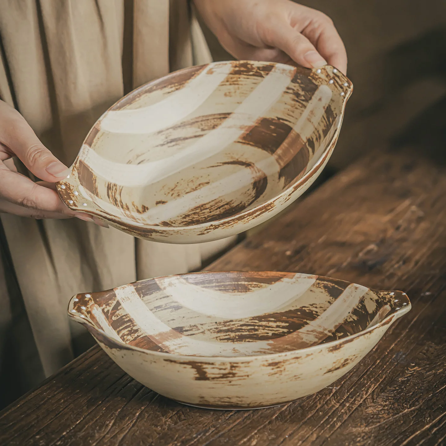 Vintage Household Ceramic Bowls Striped Pattern Daily Fruit Salad Bowl Japanese Coarse Earthenware Pasta Tableware