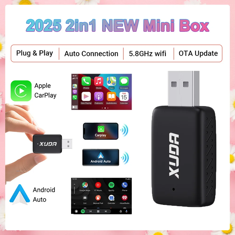 2025 NEU 2in1 CarPlay Android Auto Wireless Mini Box Wireless Smart Adapter Plug & Play Dongle BT WiFi Fast Connect Fit 99 % Autos Image
