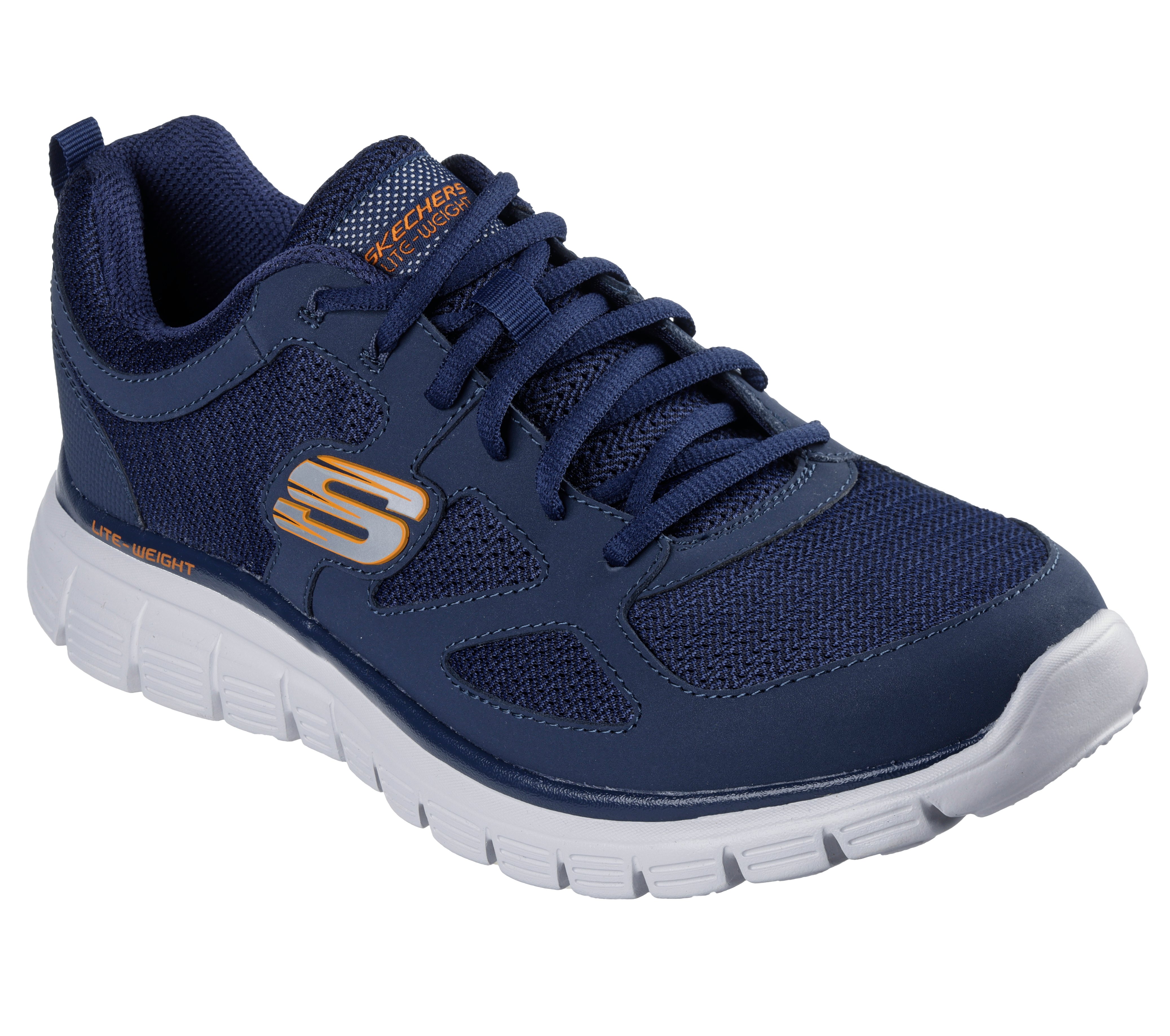 Sneaker SKECHERS "BURNS-AGOURA", Damen, Gr. 48,5, navy, orange, Leder, Textil, kontrastfarbene Details, Schuhe Sneaker, Schnürschuh, Sportschuh mit Memory Foam