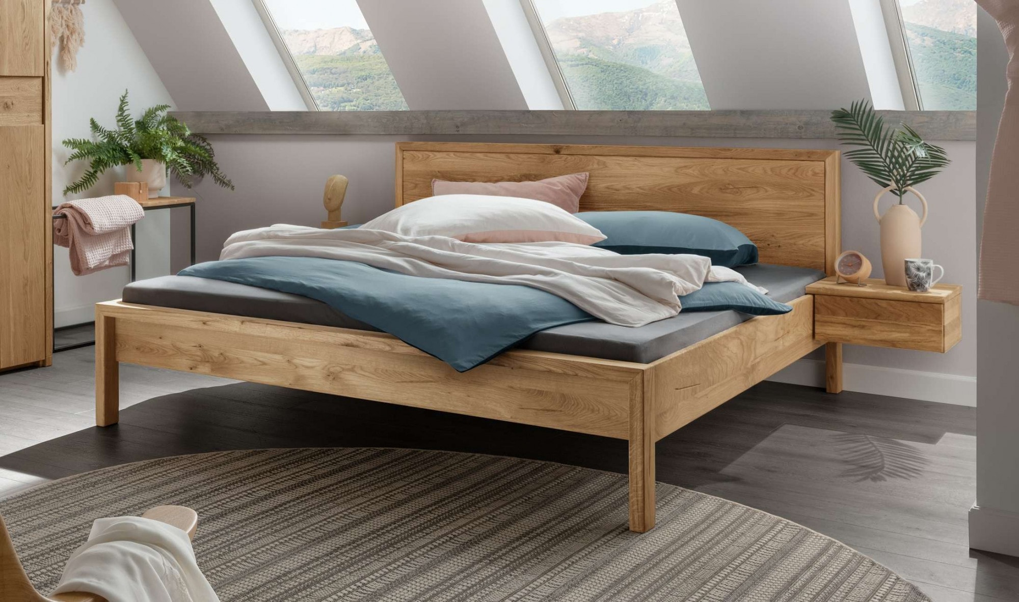 Schlafzimmer-Set HOME AFFAIRE "Huven Schlafzimmer", natur, B:180cm H:90cm T:200cm, Massivholz, Schlafzimmermöbel-Sets, Massivholzbett aus Eiche mit 2 Nachttische, FSC-zertifiziert, stabil