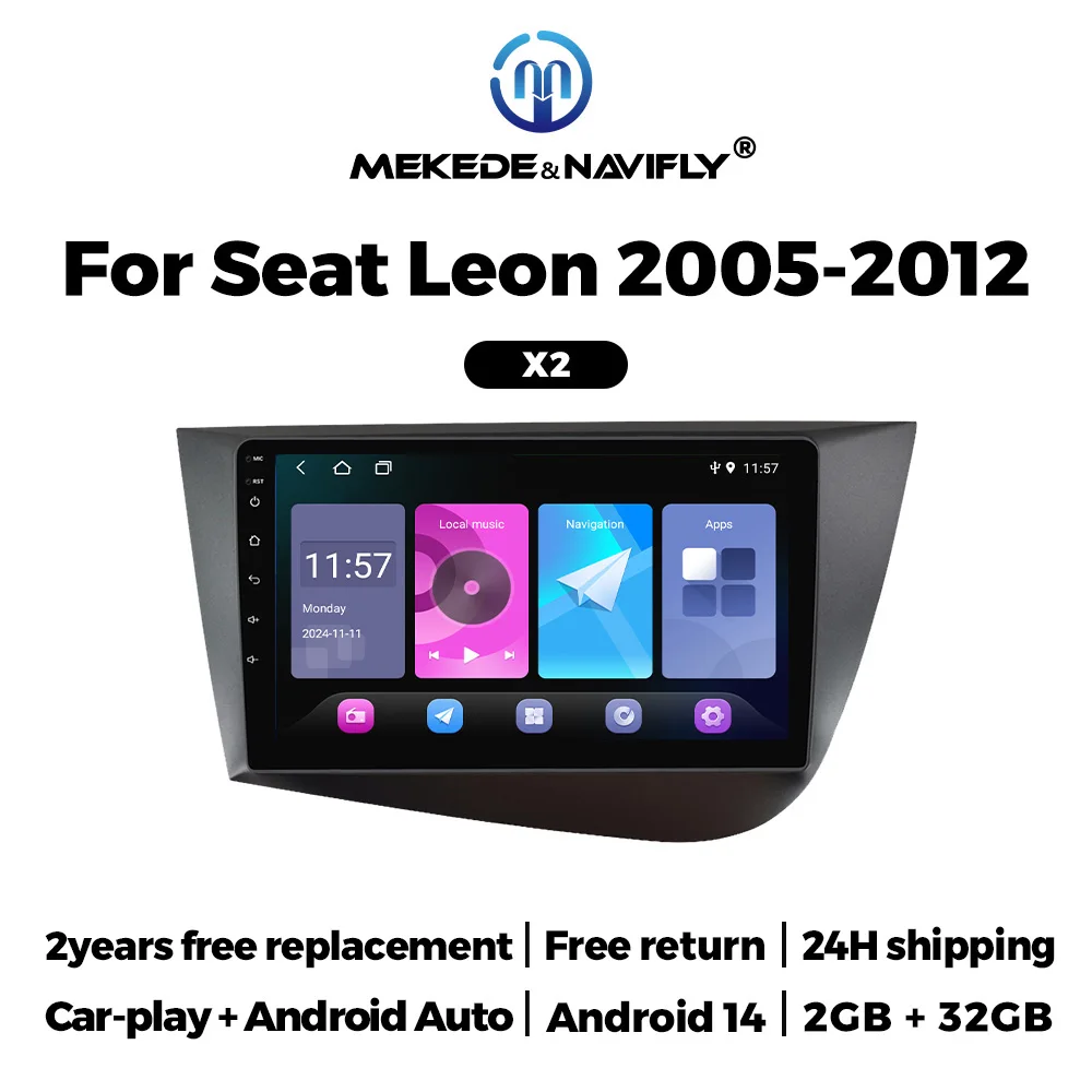 MEKEDE&NAVIFLY Andorid 14 OS Autoradio für Seat Leon 2 2005–2012, kabelloses Auto, Auto-Multimedia-Player, GPS-Navigation, WLAN Auto GPS Multimedia Radio, 8-Kern DSP ohne DVD Player, 2Din Stereo