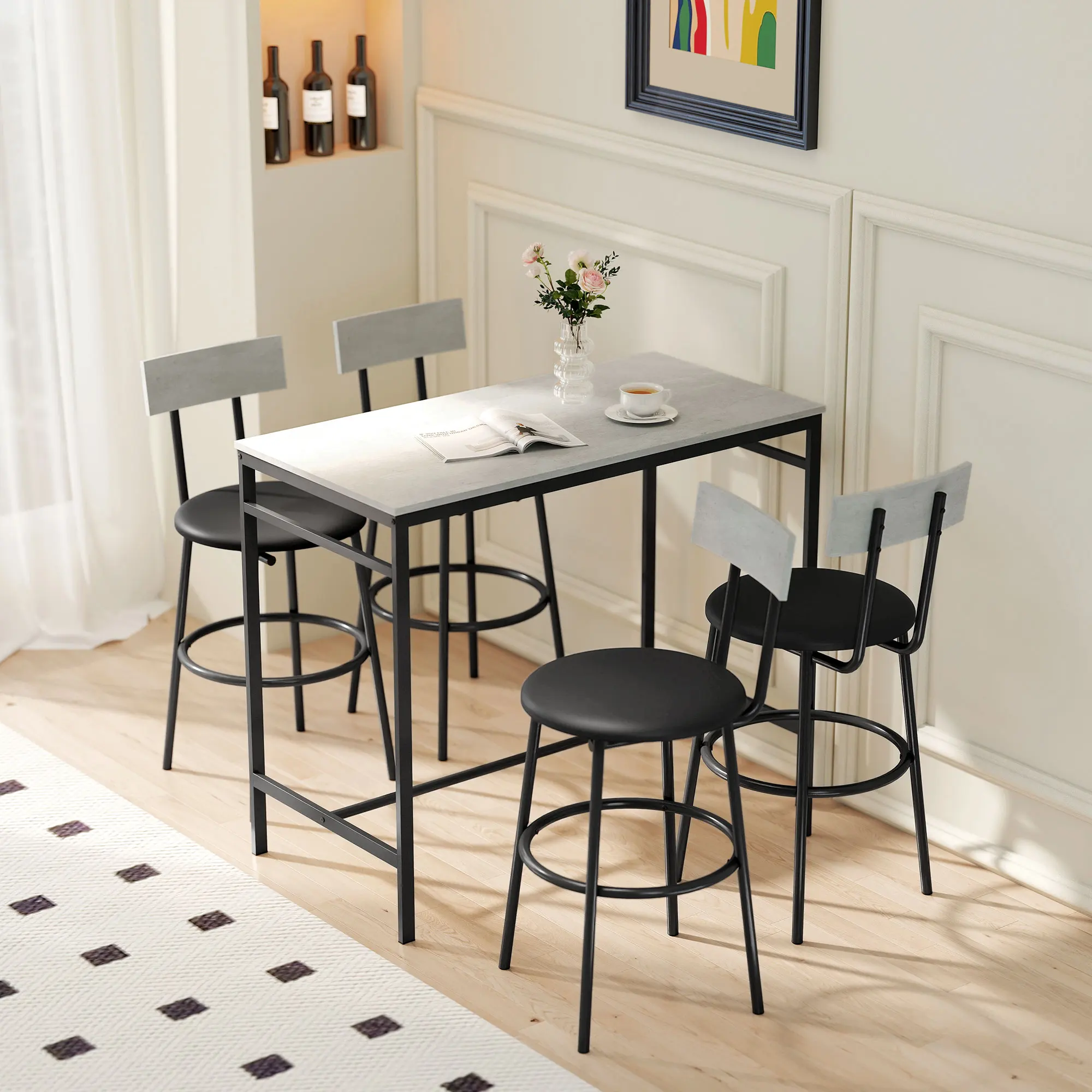 HOMCOM Set Tavolo Bar con 4 Sgabelli con Imbottitura Pelle PU, Bancone Bar e Sedie Cucina Salvaspazio con Gambe in Acciaio, Stile Moderno, Tavolo Alto con Sgabelli per Casa Pranzo Soggiorno, Grigio
