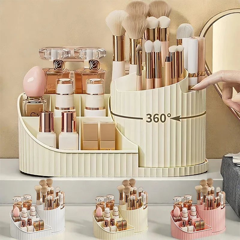 360 ° Rotierender Schminktisch-Make-up-Organizer mit Pinselhalter, große drehende Kosmetikaufbewahrung für Hautpflege, Parfüme und Lotionen