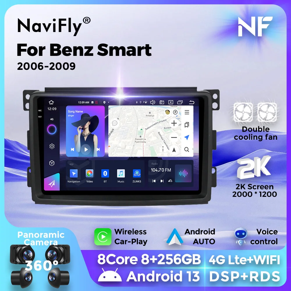 Navifly android autoradio multimedia video player gps für mercedes benz smart fortwo 451 2006 2007 2008 2009 carplay 2din stereo Image
