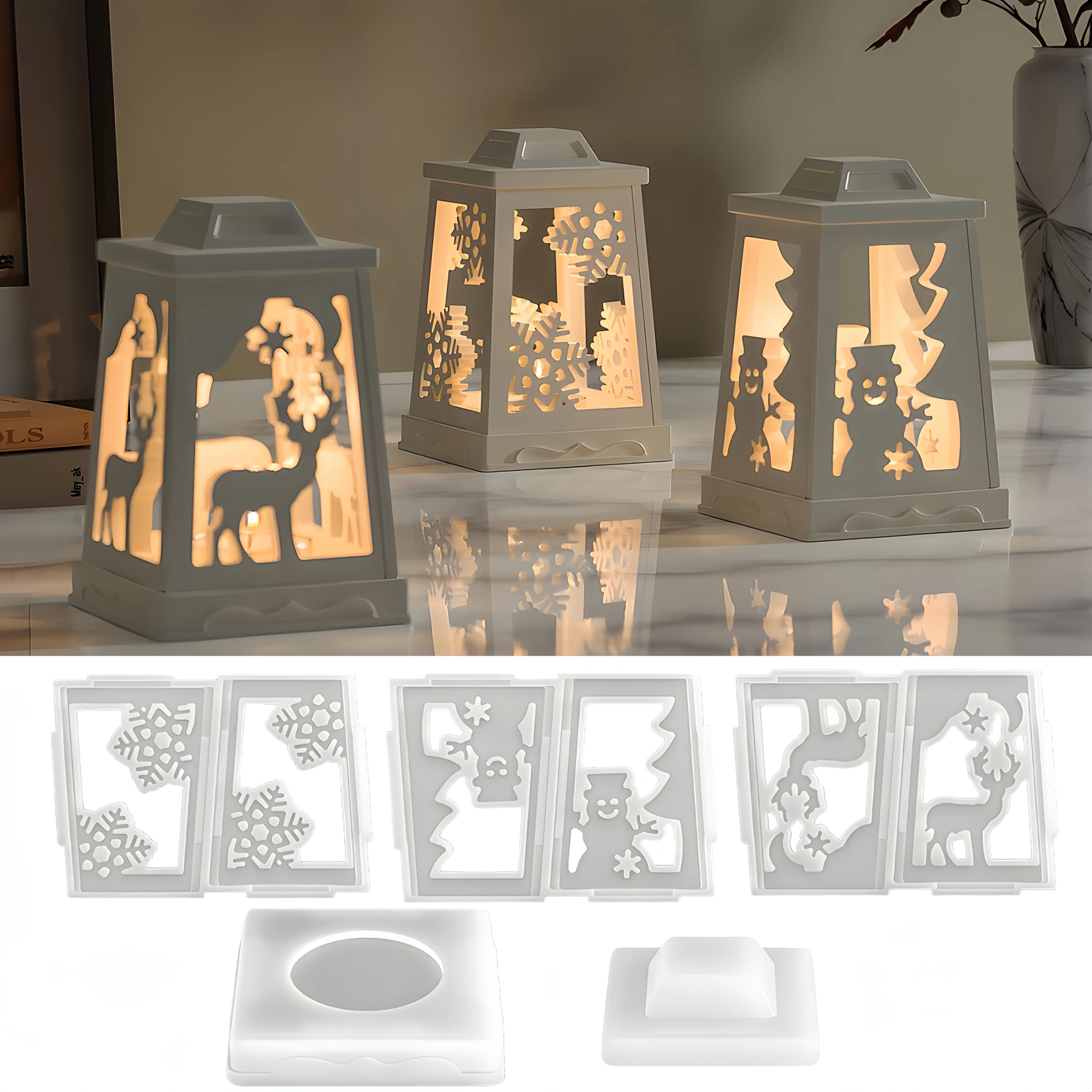 5-teiliges Weihnachtskerzenhalter-Silikonformen-Set, 3 Stile: Schneeflocke, Schneemann und Rentier – DIY-Gipslampenhalter, Kunstharzhandwerk Image