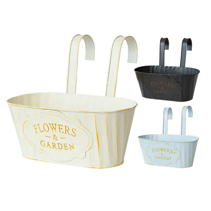 Hängende Blumentöpfe aus Metall und Eisen für Geländer, Zaun, hängende Eimertöpfe, Landschaft für Garten, Hof, Heimdekoration, Blumentöpfe Image