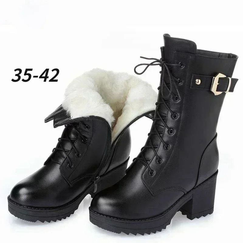 2026 Winter Leder Damen Winterstiefel Dicke Wollwarme Damenstiefel mit Hohem Absatz Hochwertige Damen Schneestiefel Damenschuhe