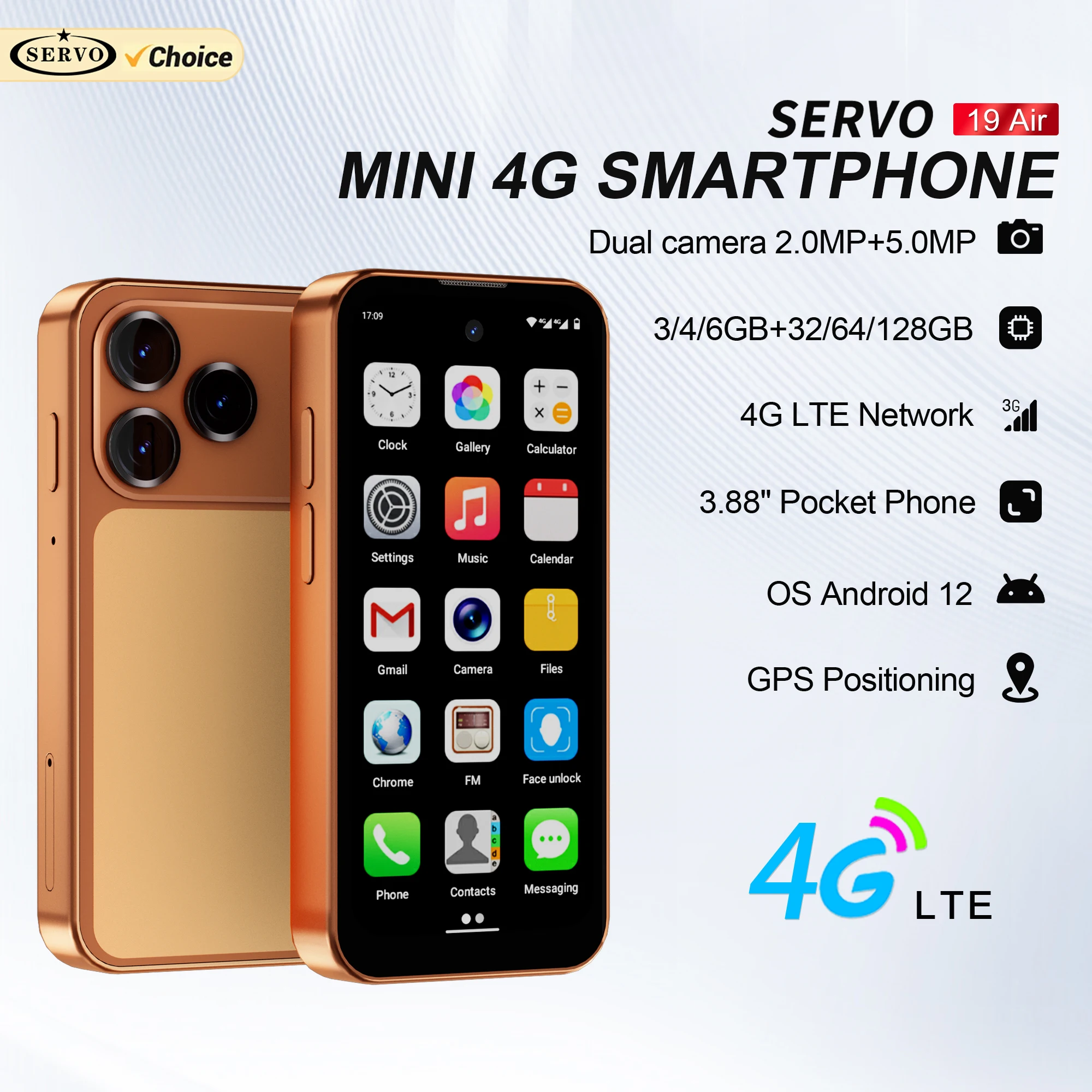 SERVO 19 Air 4G LTE Mini Smartphone Android 12.0 System 6GB+128GB Play Store Face Unlock GPS Dual SIM 3.88