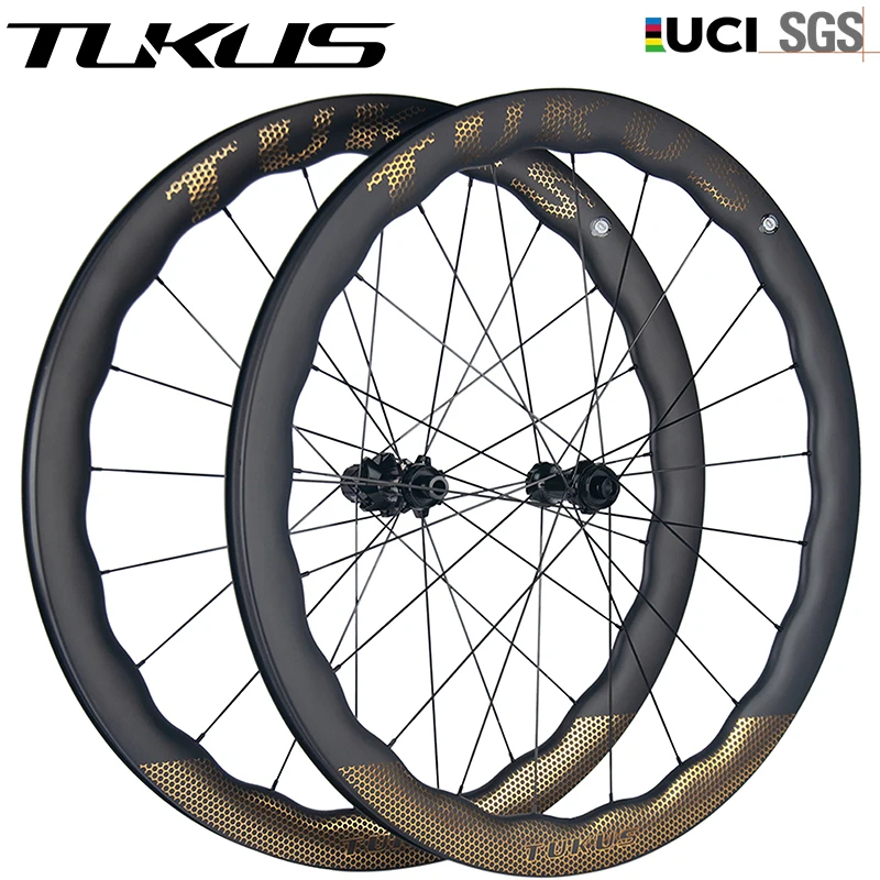 Ruote Tukus Set di ruote in carbonio ondulato modello oro Set di ruote da corsa di qualità UCI Set di ruote per bicicletta 700c Set di ruote per bici da strada Freno a disco