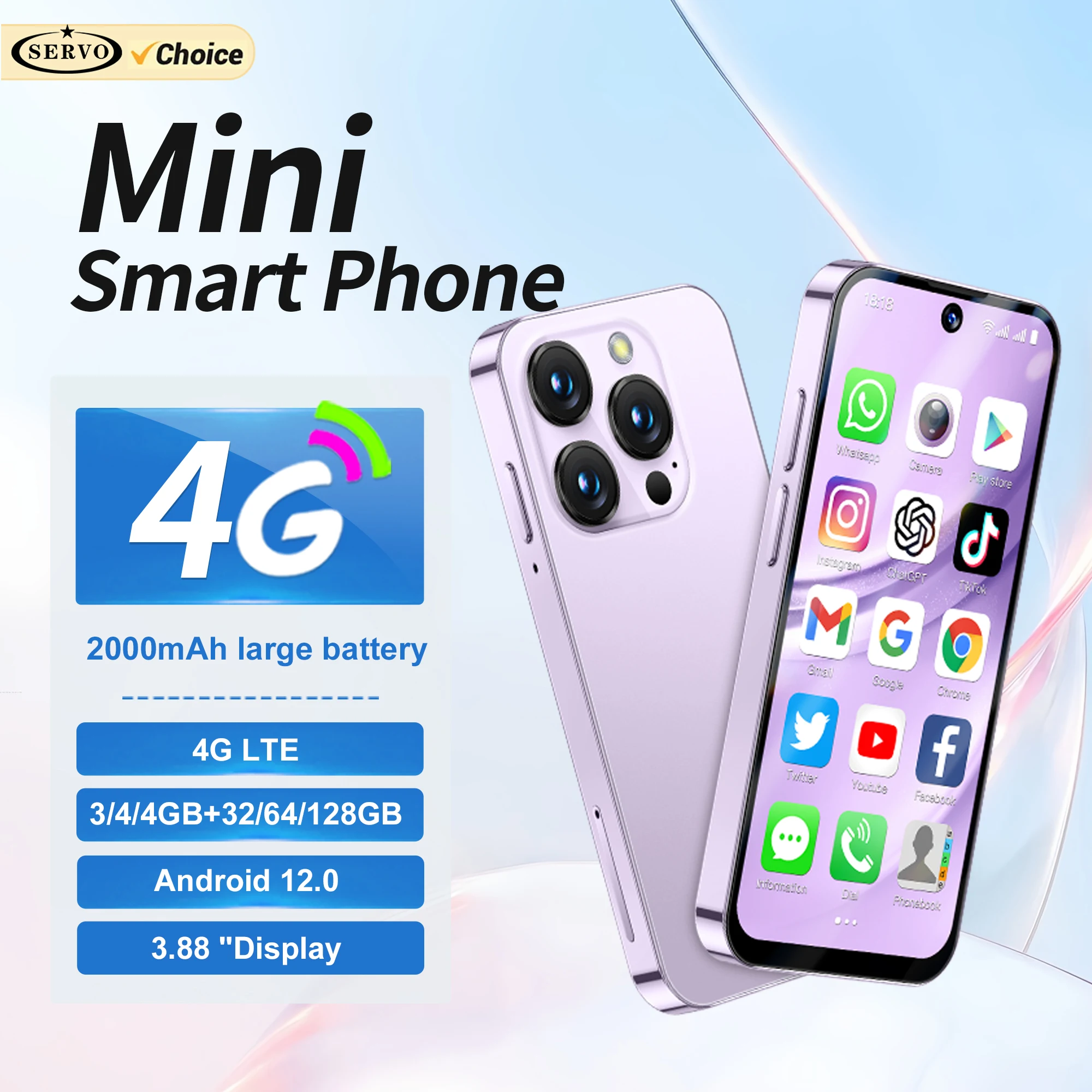 SERVO 19PRO 4G LTE Mini-Smartphone Dual-SIM-Karten Android 12.0 System 32 GB/64 GB/128 GB ROM Play Store OTG 3,88 Zoll kleines Smartphone