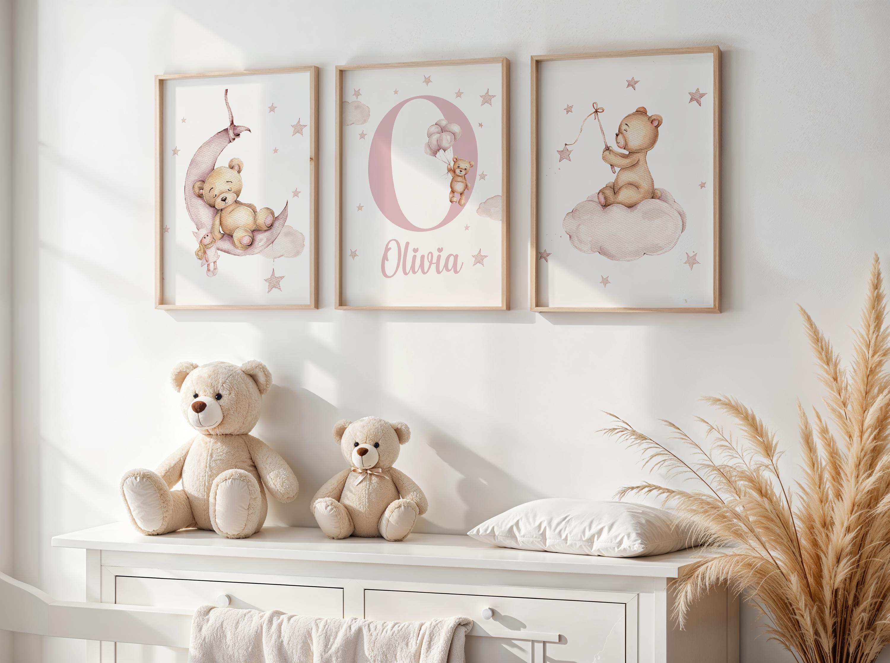 Set di 3 stampe per cameretta con orsetto rosa, decorazioni personalizzate per cameretta con orsetto, stampa per neonato, orsetto rosa, cameretta per