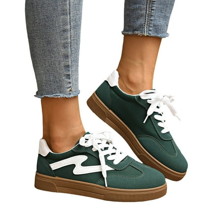 Womens Classic Retro Tennis Shoes Casual Lace Up Skate Shoes Rubber Sole Slip On Sneakers Non Slip Trainers Green Size 6