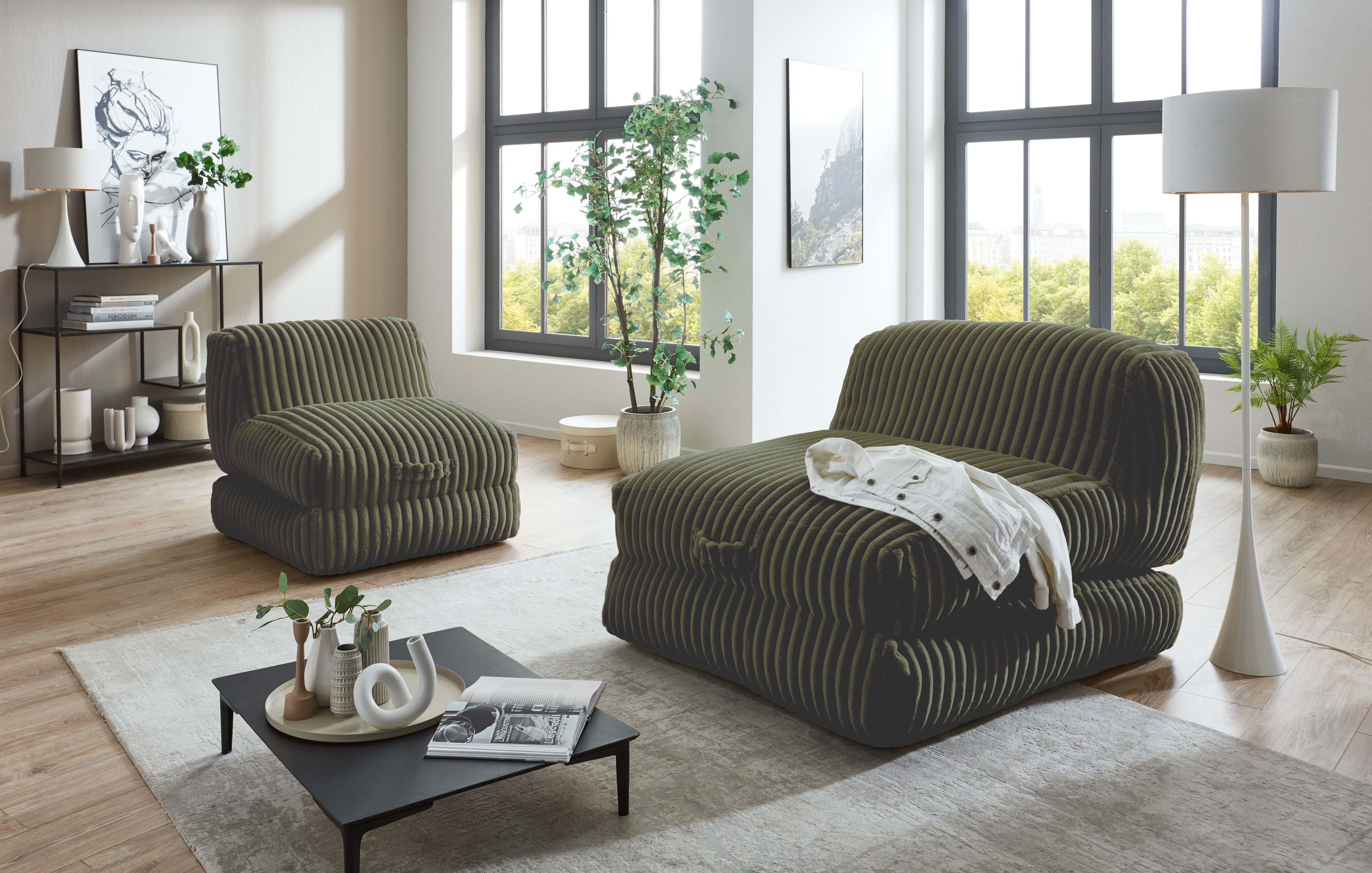 XXL-Sessel HOME AFFAIRE "Pia", grün, B:83cm H:80cm T:95cm, Sessel, XXL-Sessel, Loungesessel in Megacord, 2 Größen, Schlaffunktion und Pouf-Funktion