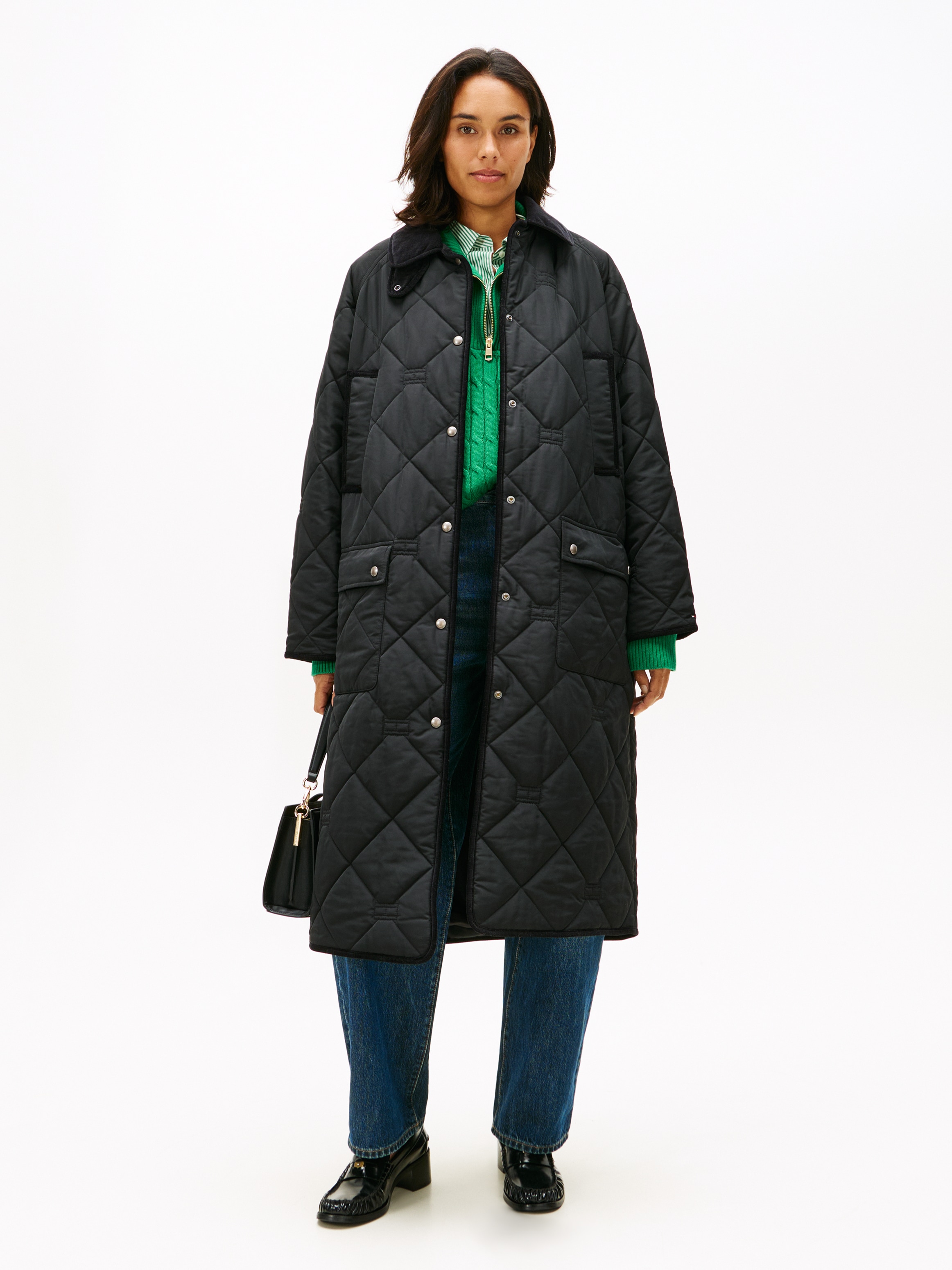 Steppmantel TOMMY HILFIGER "PADDED FLAG QUILTED COAT", Damen, Gr. XS (34), schwarz, Web, Obermaterial: 100% Polyester, unifarben, regular fit, Mäntel Steppmantel