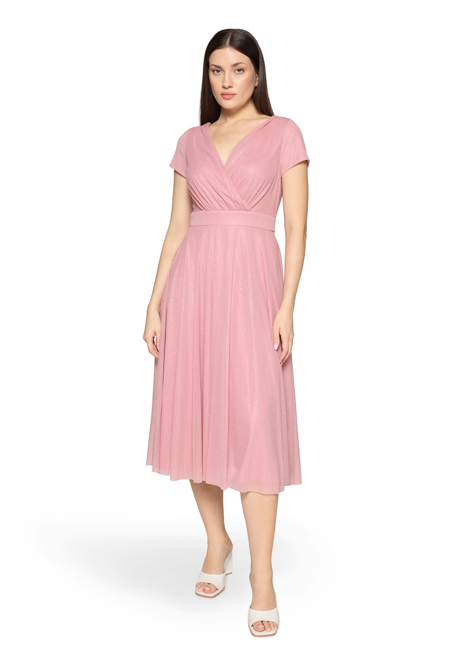 Cocktailkleid VERA MONT "Damen im Glitzer-Look", Damen, Gr. 42, Normalgrößen, silber, rosé, Netz, Obermaterial: 100% Polyester; Futter: 100% Polyester, ausgestellt kurz, V-Ausschnitt, Kleider, Stoff