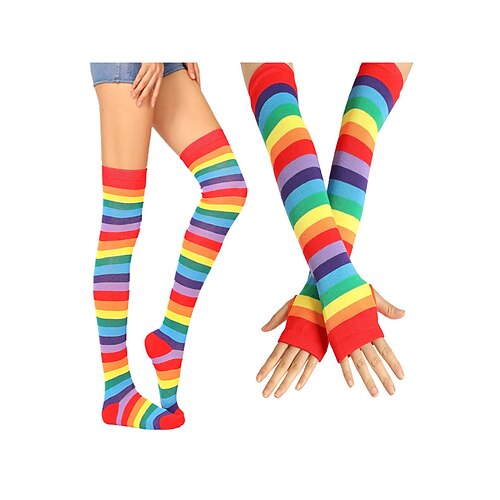Frauen Mardi Gras Gestreifte kniehohe Socken und Handschuh-Sets mehrere Farben lustiges buntes Design perfekt für Karneval Maskerade-Bälle Image