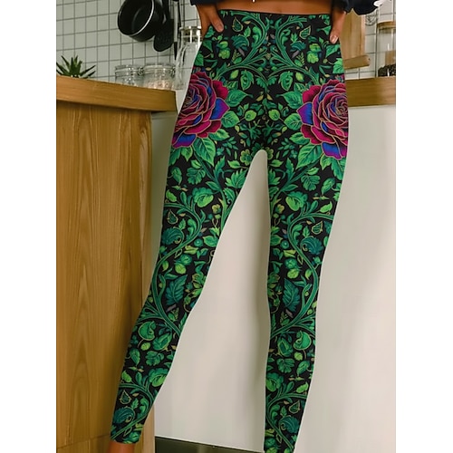 Damen Leggings Gemütliche Leggings Urlaub Vintage Lässig Volle Länge Hohe Taille Grafik Rose Drucken Komfort Bequem Dehnbar Lässig Täglich Urlaub Dunkelgrün Grün Frühling Herbst Schmale Passform Image