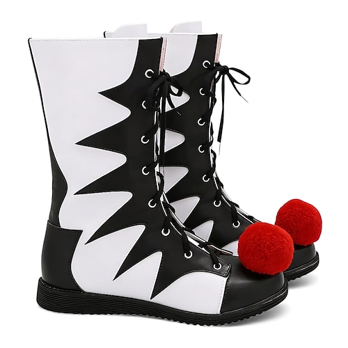 Männern Mardi Gras Clown Stiefel mit rotem Pom Pom schnürbare Karnevals Kostümschuhe gewagtes Zickzack-Design leichtes Partyfußbekleidungsstück für Zirkusshows Festivals und Halloween Kostümierungen Image