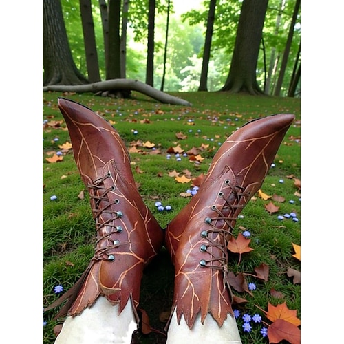 Damen Elf-Blätter-Stiefel Fantasiegrüne spitz zulaufende Schnürschuhe mit Blättern ideal für Karneval Mardi Gras Kostüme Feen-Cosplay Wald-Themenpartys Image