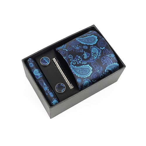 Geschenkset für Herren aus Polyester mit Paisley-Muster: Krawatte, Manschettenknöpfe, Einstecktuch und Krawattenklammer – perfekt für Hochzeiten und als Geschenk. Image