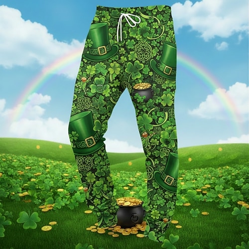 Herren Sweatpants Jogginghosen Hosen Kordelzug Tasche Elastischer Bund Grafisches Vierblättriges Kleeblatt Komfort Atmungsaktiv Alltags Outdoor St. Patrick's Day Urlaub Mode Hellgrün Dunkelgrün Image